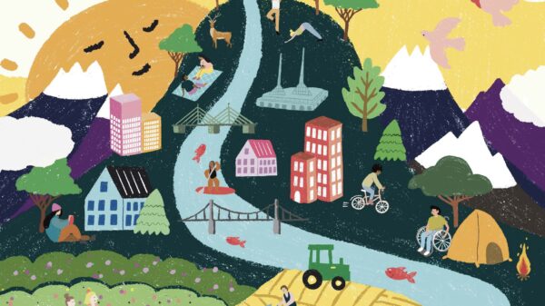 the cover of the 2023 ACLU Oregon magazine. An illustration of a hill and mountains with Portland city features, a yellow sky and a smiling sun