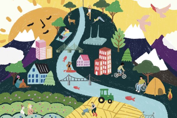 the cover of the 2023 ACLU Oregon magazine. An illustration of a hill and mountains with Portland city features, a yellow sky and a smiling sun