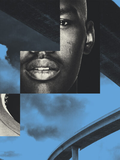 A collage of black faces with an elevated highway on a blue background.