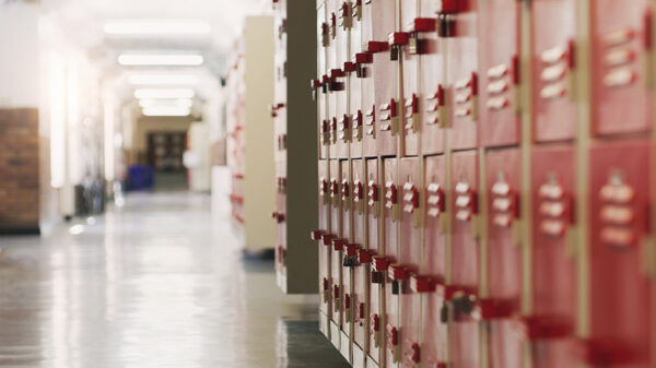 A shot of an empty corridor in a high school.