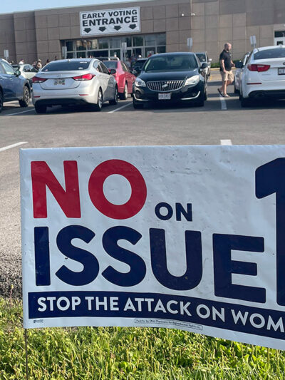 A campaign sign reading "No on Issue 1."