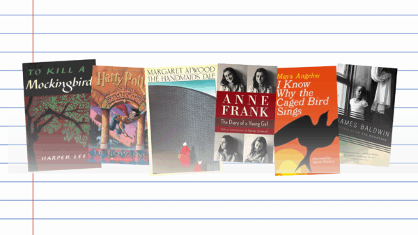 A notebook paper background with the covers of several banned or challenged books