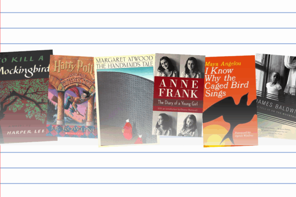 A notebook paper background with the covers of several banned or challenged books