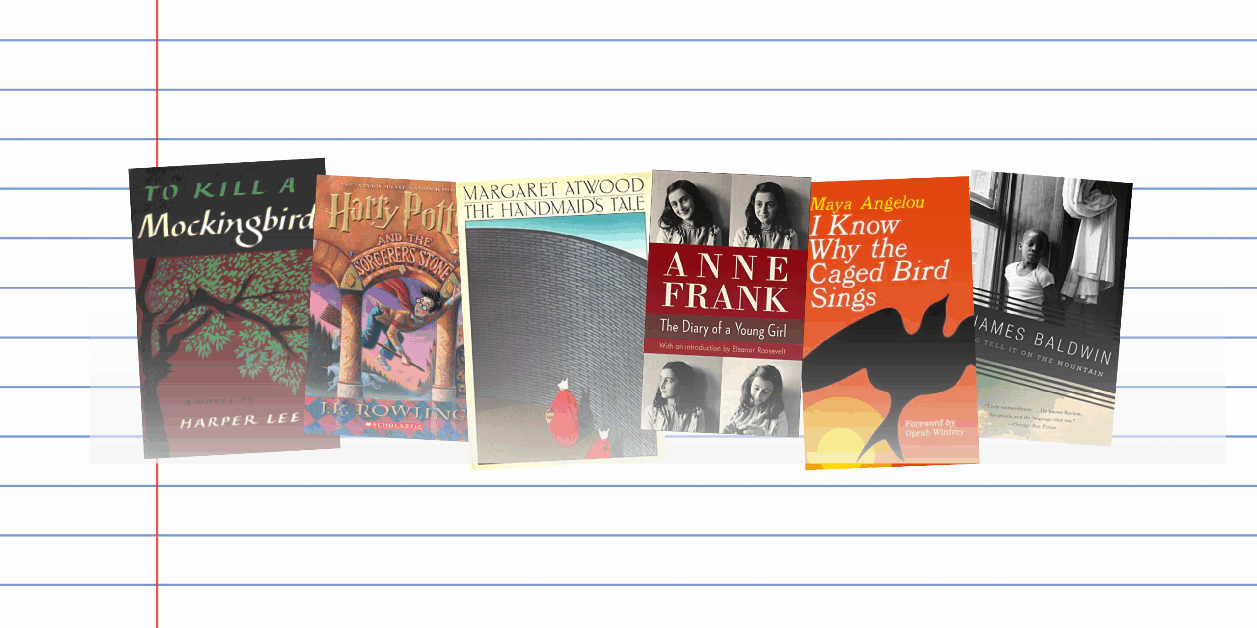 A notebook paper background with the covers of several banned or challenged books