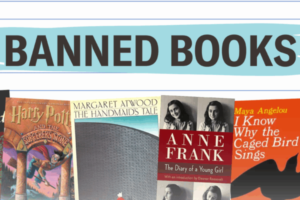 A notebook paper background with ACLU stickers and the covers of several banned or challenged books