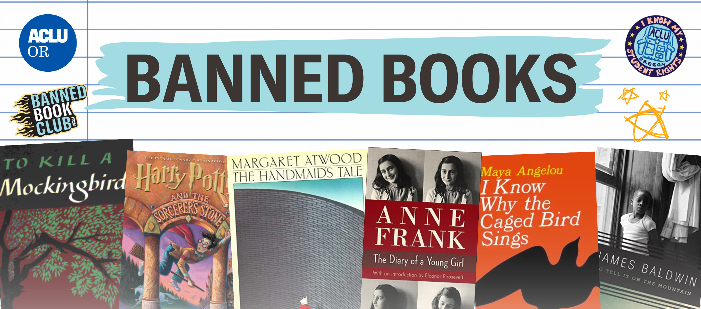 A notebook paper background with ACLU stickers and the covers of several banned or challenged books