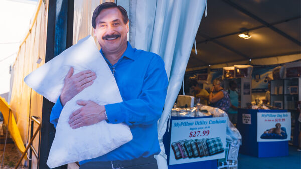 A cardboard cutout of My Pillow founder Mike Lindell.