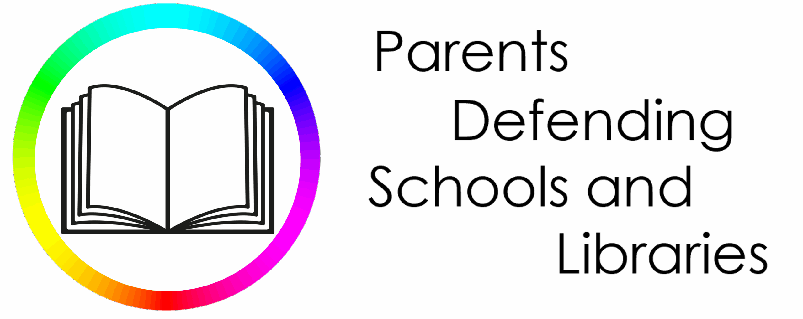 Parents Defending Schools and Libraries logo, an open book with a rainbow circle