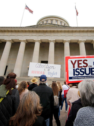 Supporters of Issue 1 attend a rally for the Right to Reproductive Freedom amendment held by Ohioans United for Reproductive Rights at the Ohio State House.