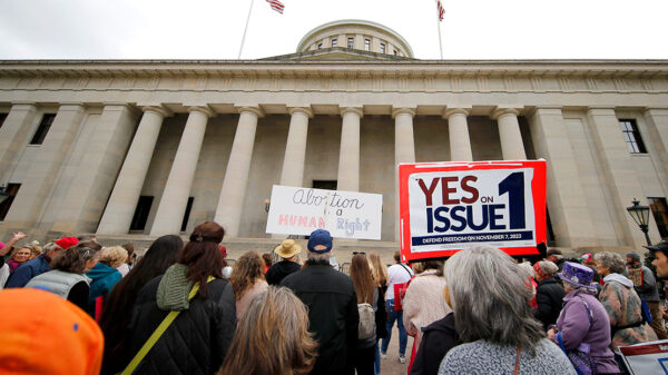 Supporters of Issue 1 attend a rally for the Right to Reproductive Freedom amendment held by Ohioans United for Reproductive Rights at the Ohio State House.