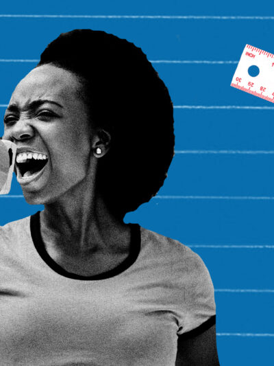 A graphic of a woman holding a megaphone with rulers on her righthand side.