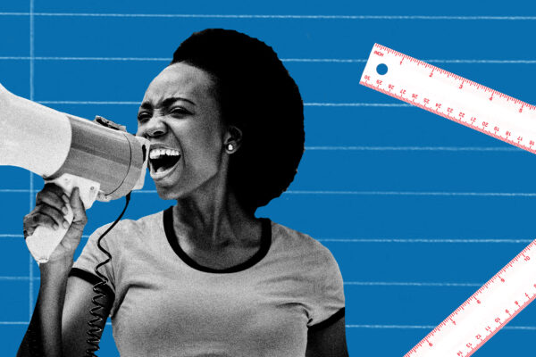 A graphic of a woman holding a megaphone with rulers on her righthand side.