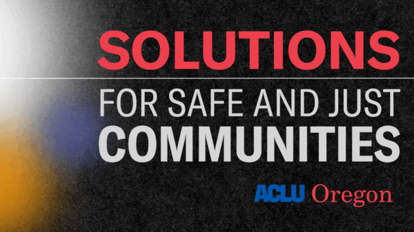 a black textured background, with a white, blue and orange light orb on the left side. Text on the right reads "Solutions for safe and just communities"