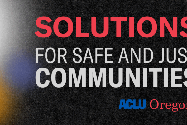 a black textured background, with a white, blue and orange light orb on the left side. Text on the right reads "Solutions for safe and just communities"