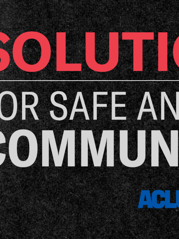 a black textured background, with a white, blue and orange light orb on the left side. Text on the right reads "Solutions for safe and just communities"