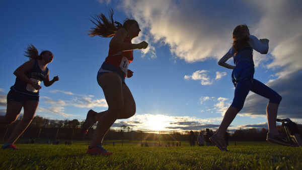 Several silhouettes of individuals running track.