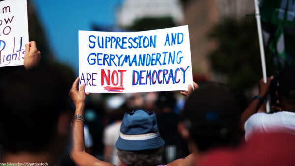 A demonstrator at the March On for Voting Rights in Washington D.C. holds up a sign reading "Suppression and Gerrymandering are Not Democracy".