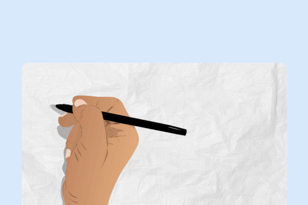 blue background with a sheet of paper on top and a hand holding a black pen.