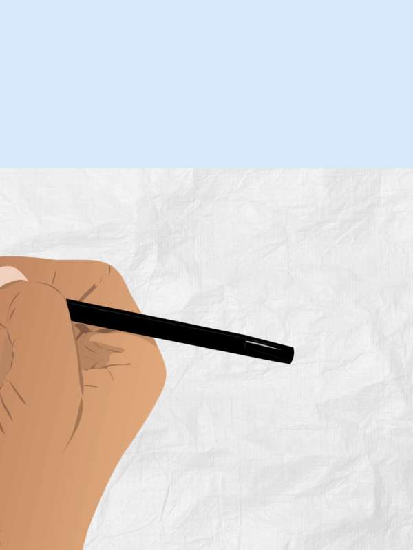 blue background with a sheet of paper on top and a hand holding a black pen.