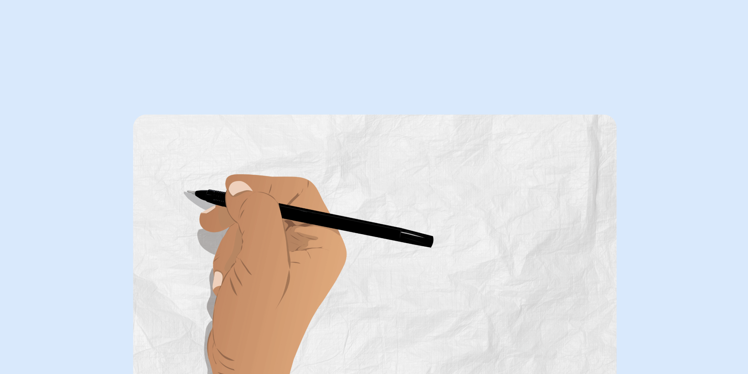 blue background with a sheet of paper on top and a hand holding a black pen.