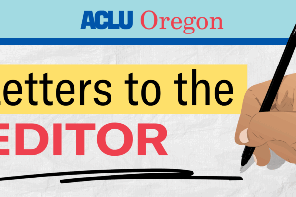 blue background, with a sheet of paper that reads "letters to the editor" with a hand holding a black pen