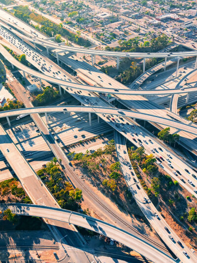 A sprawling shot of a California highway system.