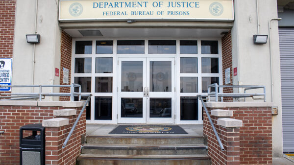 Entrance to the Department of Justice Federal Bureau of Prisons in Brooklyn, NY.