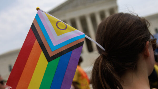 A Pride supporter (whose face cannot be seen) holds an Intersex-inclusive Pride Flag in their hair while facing the Supreme Court.