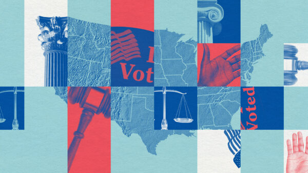 A graphic featuring a map of the United States and different voting and legislative motifs.