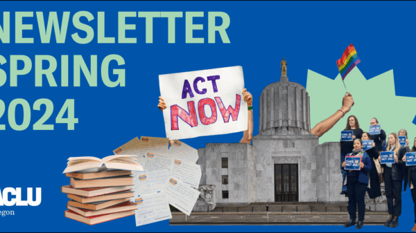 A blue background with a collage of images of the Oregon capitol, books, hands holdings signs, etc.