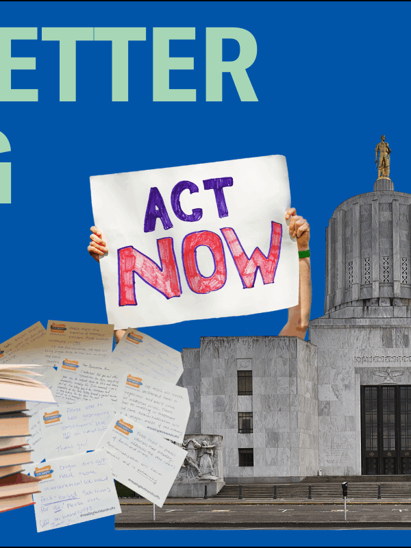 A blue background with a collage of images of the Oregon capitol, books, hands holdings signs, etc.