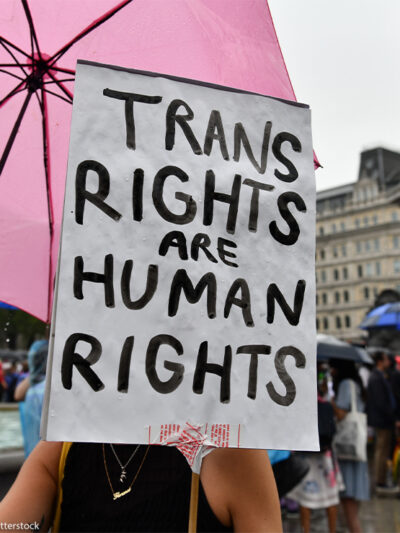 A protestor holds a sign (with a white background and black letters) reading "TRANS RIGHTS ARE HUMAN RIGHTS".