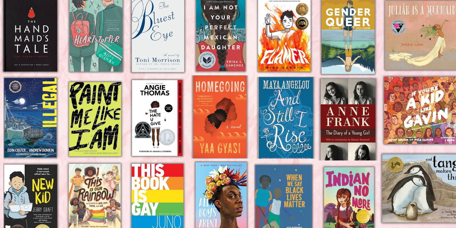 Pink background with a collage of Banned Book covers