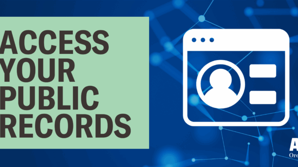 Grey text in a green box on the left reads "access your public records" with a white graphic of a digital profile on the right, against a blue digital style background