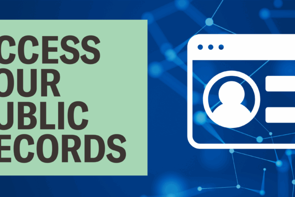 Grey text in a green box on the left reads "access your public records" with a white graphic of a digital profile on the right, against a blue digital style background