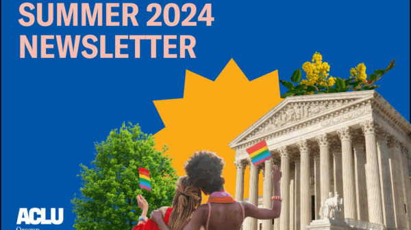 A blue background with a collage of images of the SCOTUS building, two people holding pride flags, and native Oregon trees and plants, etc.