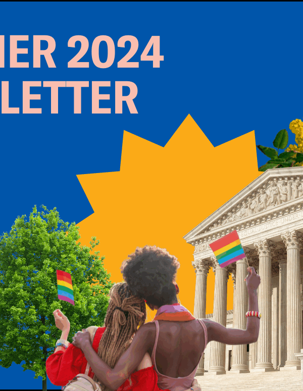 A blue background with a collage of images of the SCOTUS building, two people holding pride flags, and native Oregon trees and plants, etc.