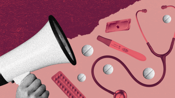An illustrated collage, including graphics of a megaphone, stethoscope, birth control pills, and a pregnancy test.