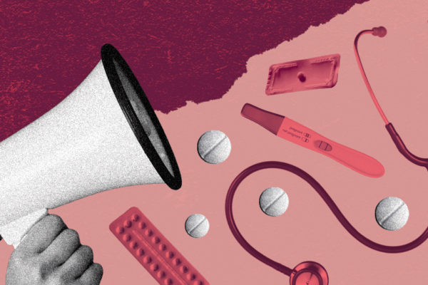 An illustrated collage, including graphics of a megaphone, stethoscope, birth control pills, and a pregnancy test.