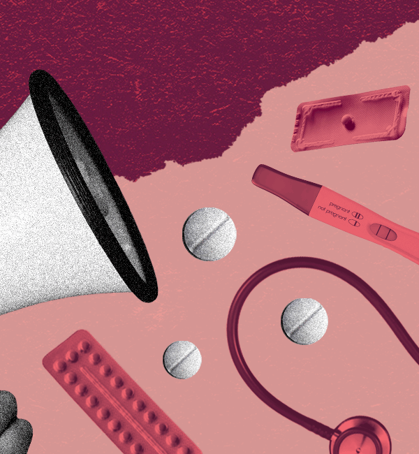 An illustrated collage, including graphics of a megaphone, stethoscope, birth control pills, and a pregnancy test.