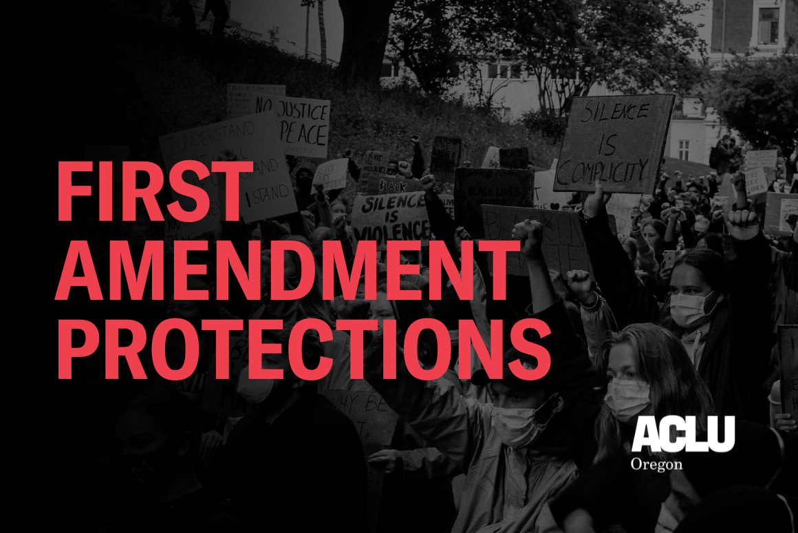 a black and white photo of a group of protesters, with red text that reads "first amendment protections"