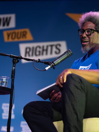 W. Kamau Bell onstage interview during the Know Your Rights bus tour.