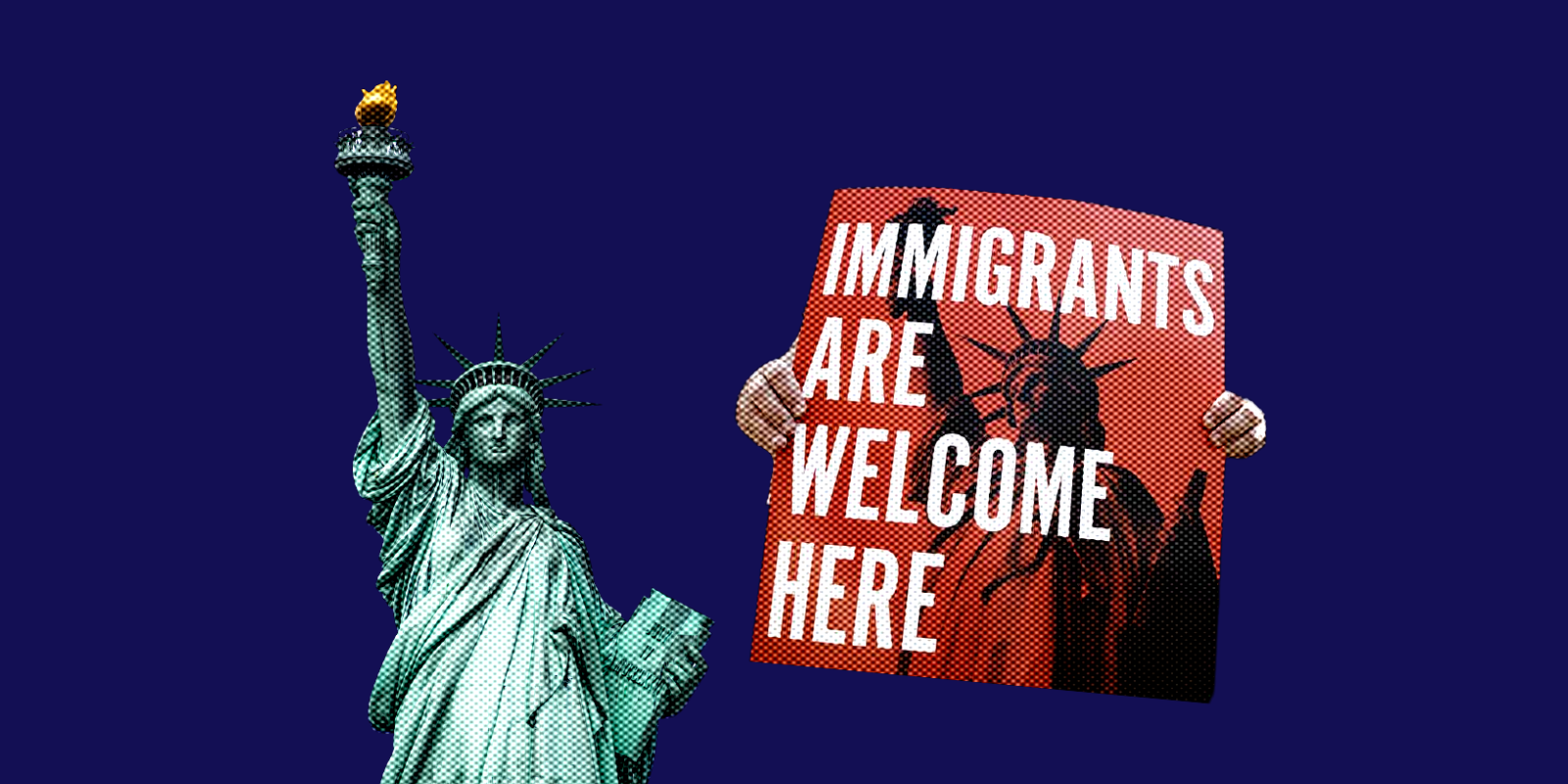 navy background with images of statue of liberty and immigrants are welcome sign