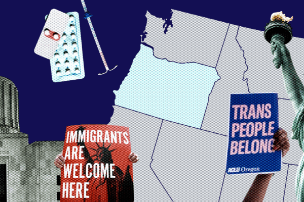 A collage of the Oregon Capitol, protest signs, birth control, the statue of liberty against a US map with Oregon highlighted
