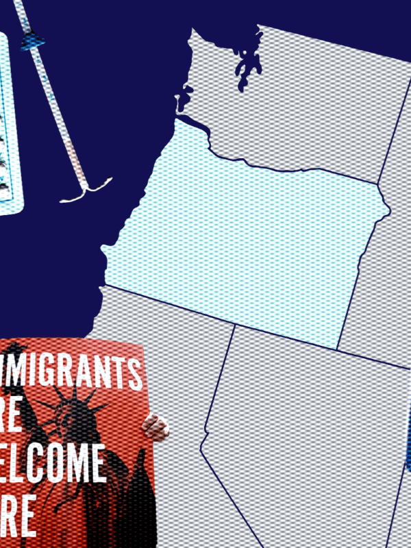 A collage of the Oregon Capitol, protest signs, birth control, the statue of liberty against a US map with Oregon highlighted