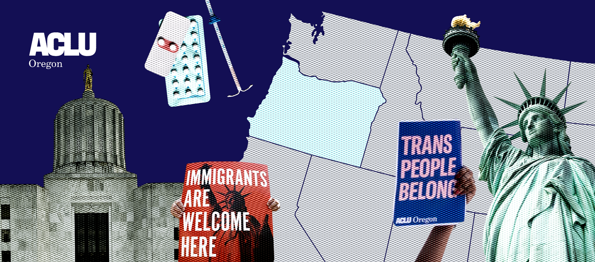 A collage of the Oregon Capitol, protest signs, birth control, the statue of liberty against a US map with Oregon highlighted