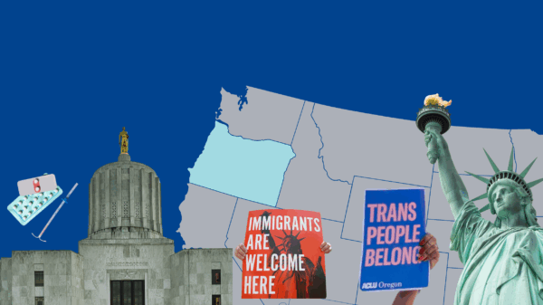 A collage of the Oregon Capitol, protest signs, birth control, the statue of liberty against a US map with Oregon highlighted.