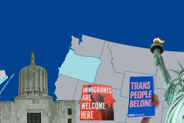 A collage of the Oregon Capitol, protest signs, birth control, the statue of liberty against a US map with Oregon highlighted.
