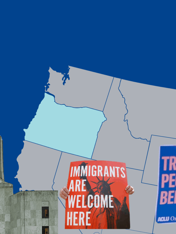 A collage of the Oregon Capitol, protest signs, birth control, the statue of liberty against a US map with Oregon highlighted.