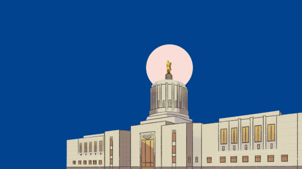 2025 Legislative session Campaign Header with a blue background, art of the Oregon capital building and pink circle behind he building.